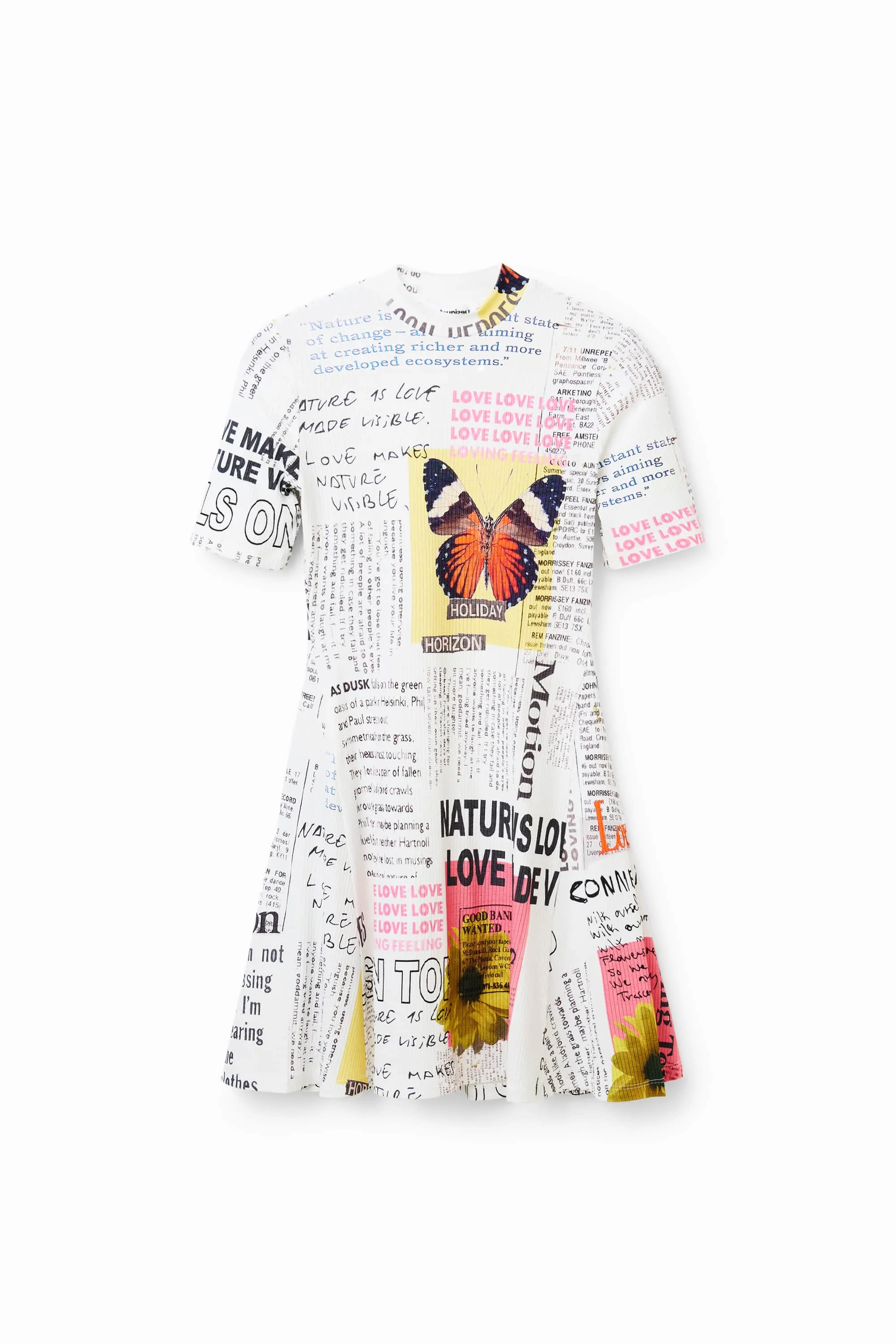Desigual Newspaper Print White Bodycon Flared Dress 23SWVK46 1000