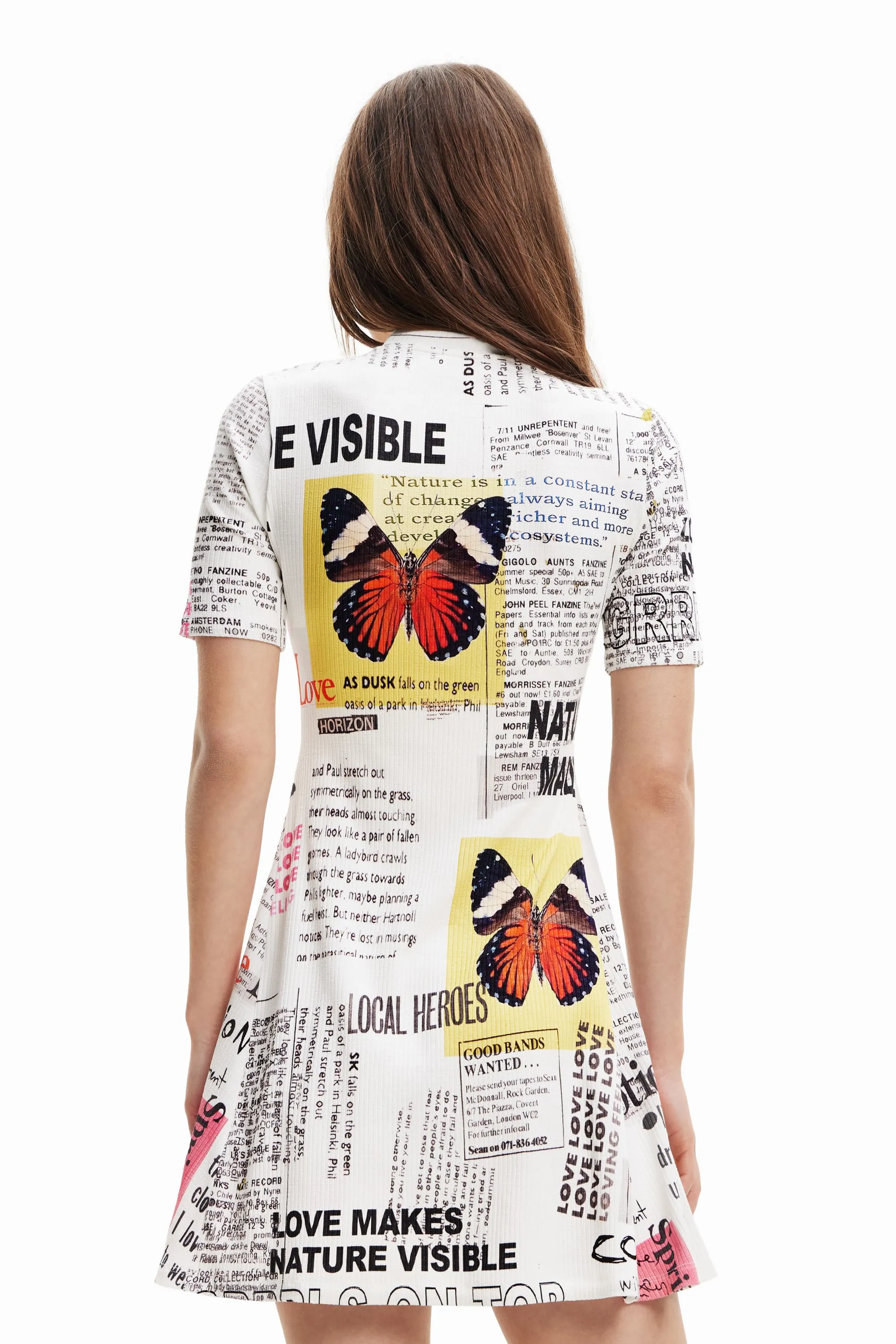 Desigual Newspaper Print White Bodycon Flared Dress 23SWVK46 1000