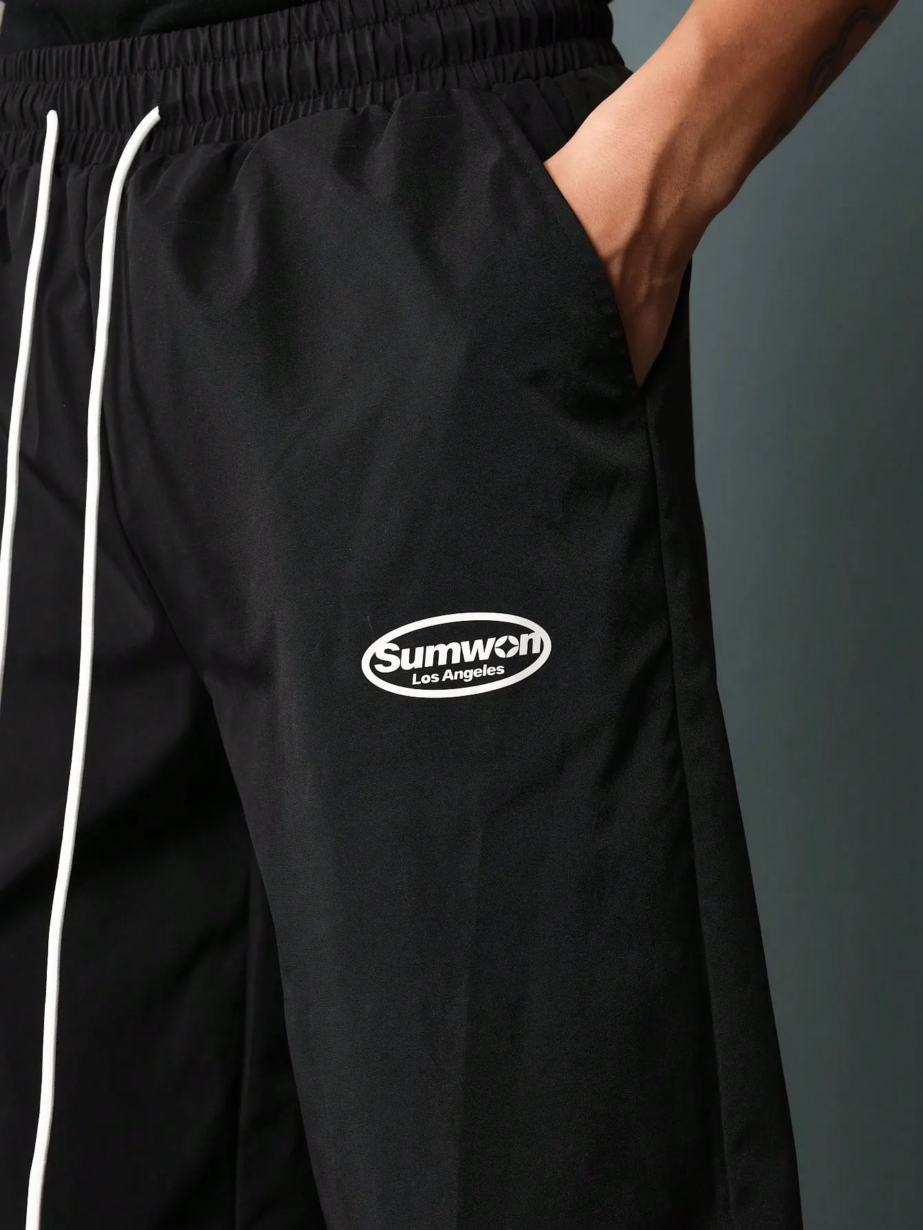 Drop Crotch Nylon Pants With Graphic