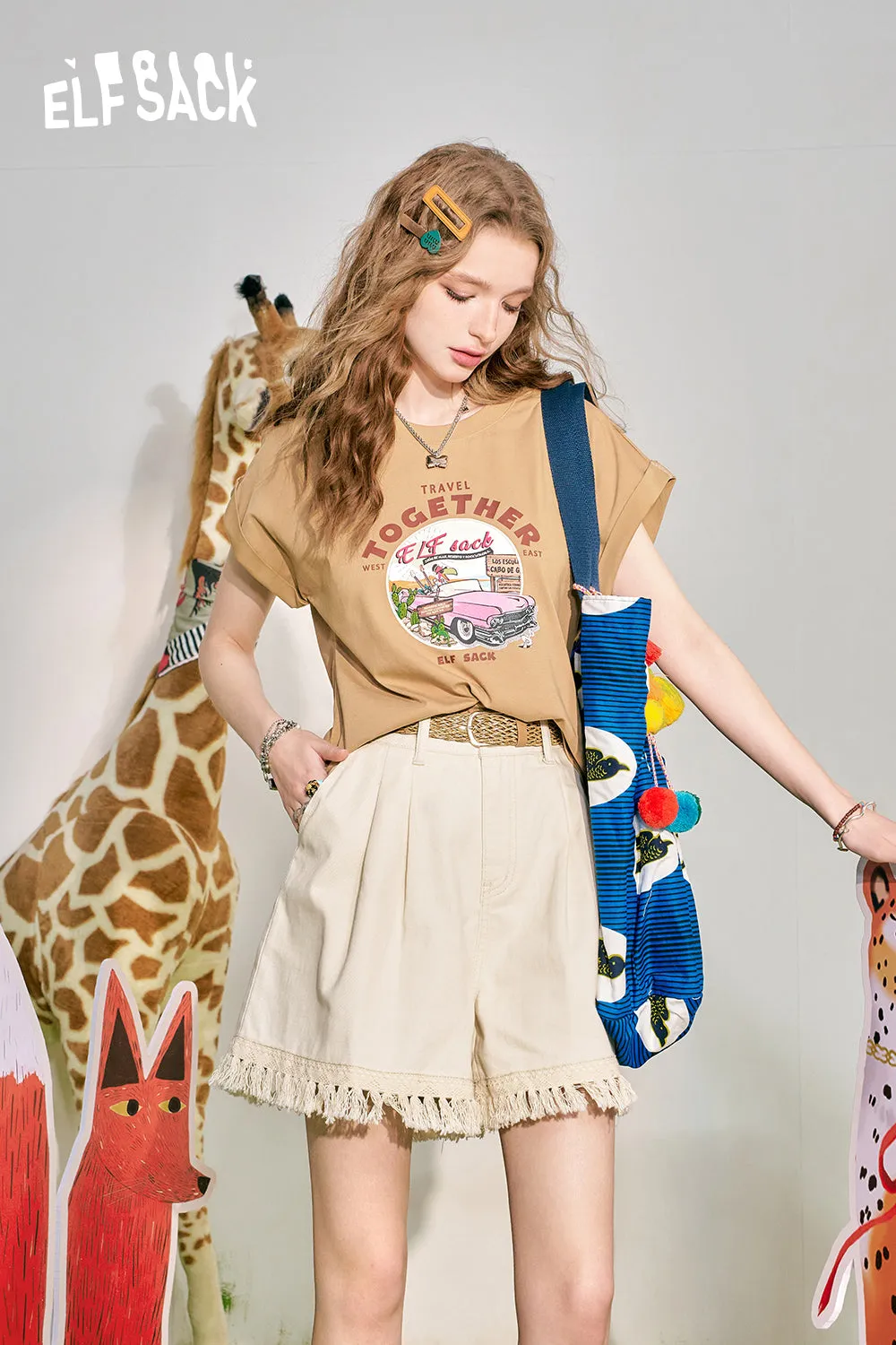 ELFSACK 2024 Summer New White Tassel High Waist Casual Shorts Women's Slimming Capris