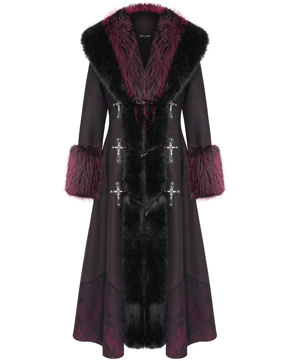 Eva Lady Womens Long Dark Gothic Lolita Winter Coat With Faux Fur Trim