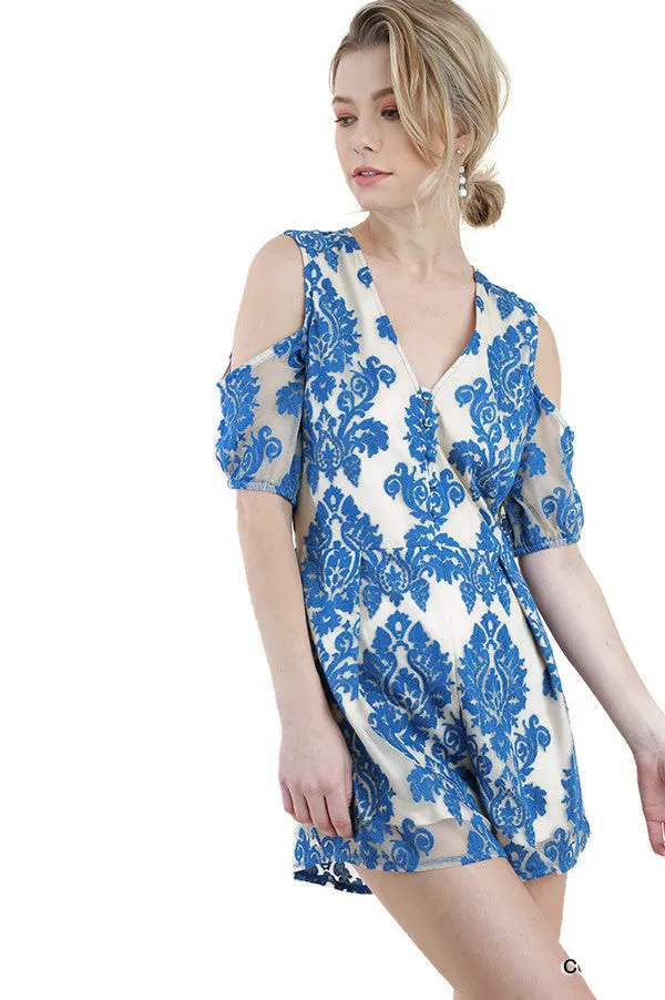Floral Embroidered Cold Shoulder Romper, Cobalt