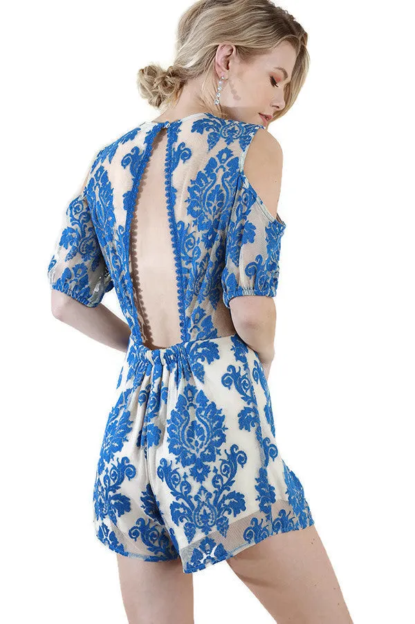 Floral Embroidered Cold Shoulder Romper, Cobalt