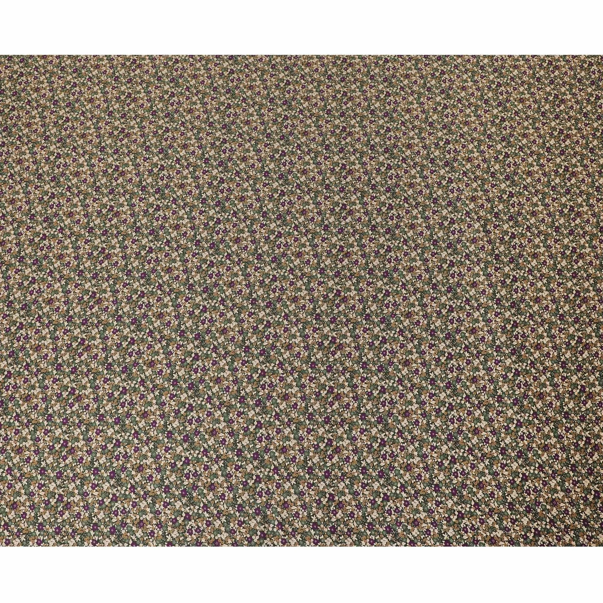 Forest green Premium Italian viscose fabric with pureple, beige and brown print in floral design-D12367