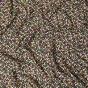 Forest green Premium Italian viscose fabric with pureple, beige and brown print in floral design-D12367