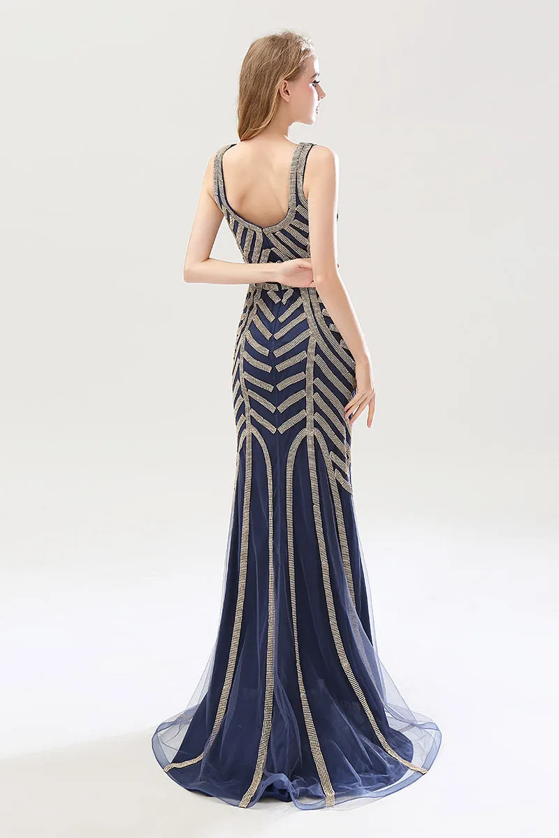 Formal Beaded V-neck Mermaid Long Evening Dress