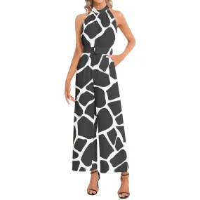 Giraffe Print Halter Neck Buckle Belted Jumpsuit