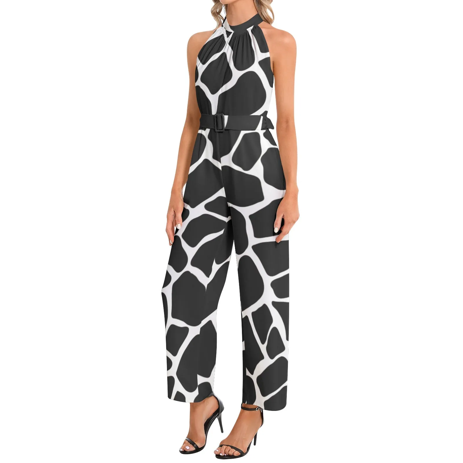 Giraffe Print Halter Neck Buckle Belted Jumpsuit