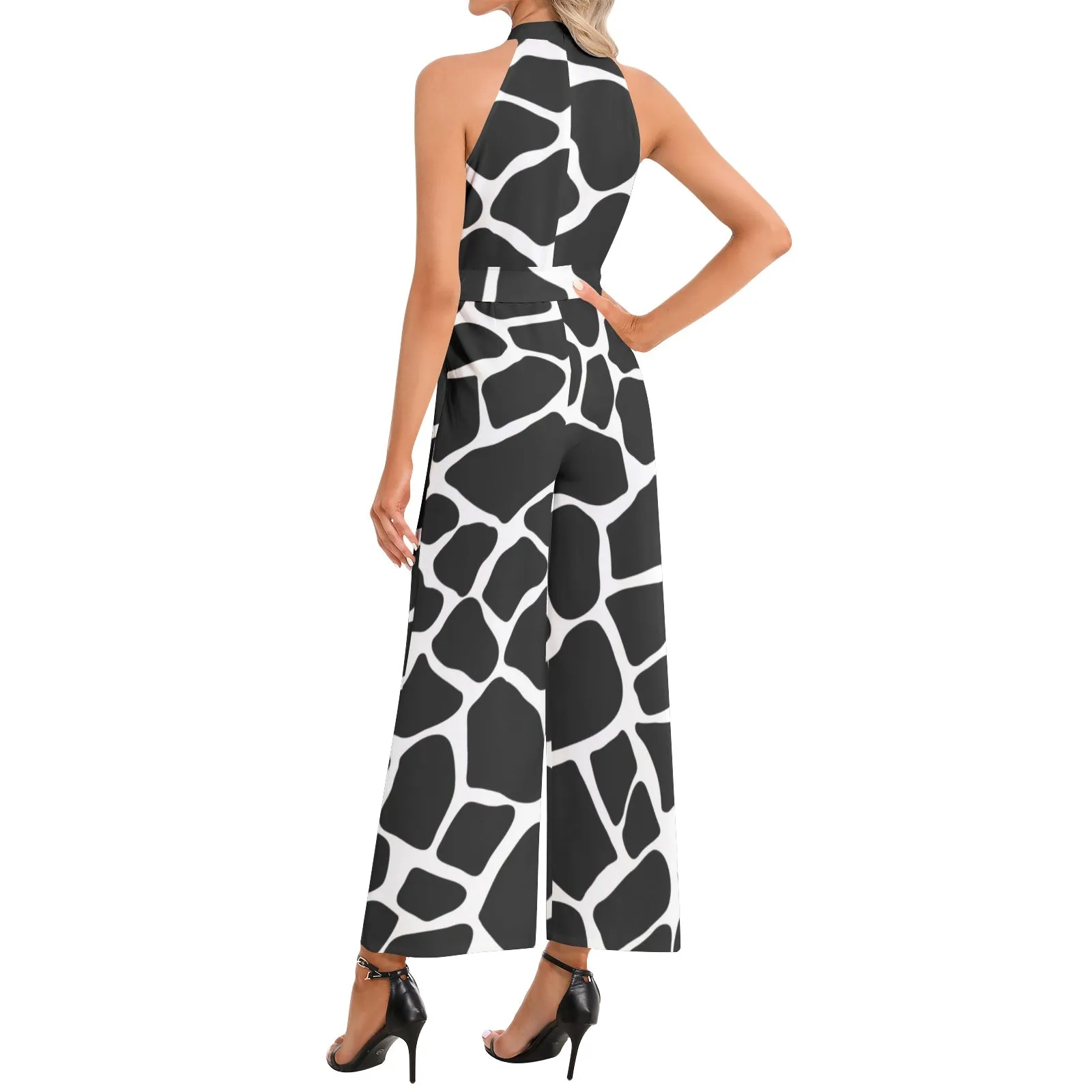 Giraffe Print Halter Neck Buckle Belted Jumpsuit