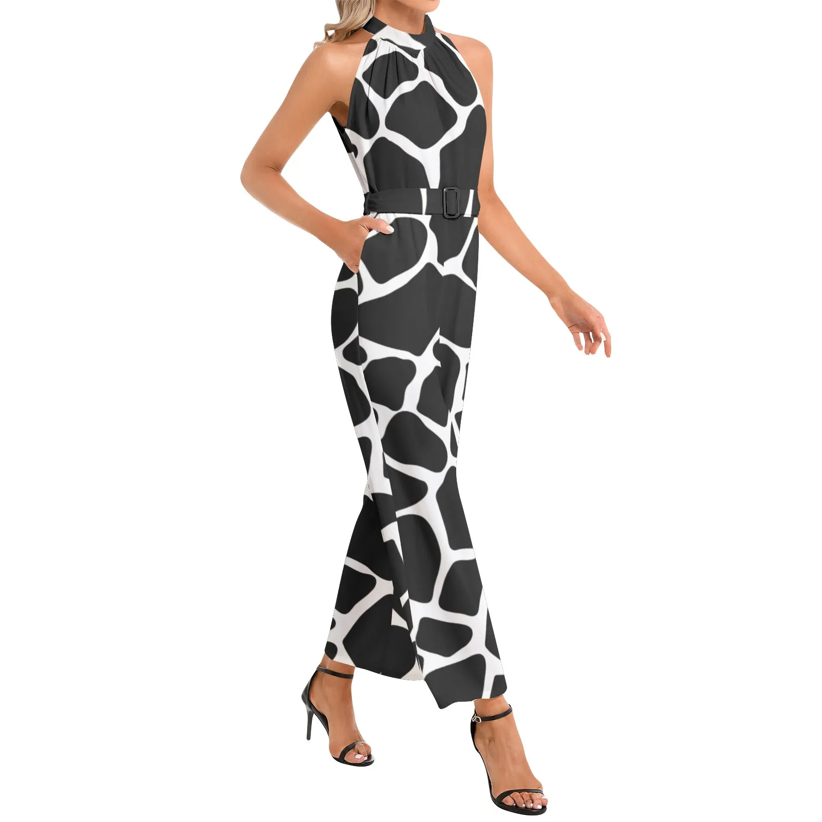 Giraffe Print Halter Neck Buckle Belted Jumpsuit