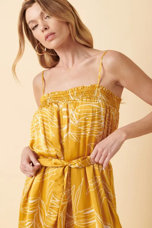 Gold Leaf Print Smocking Detail Wide Leg Jumpsuit