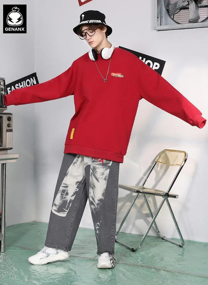 Gray Graffiti Print Loose Straight Jeans