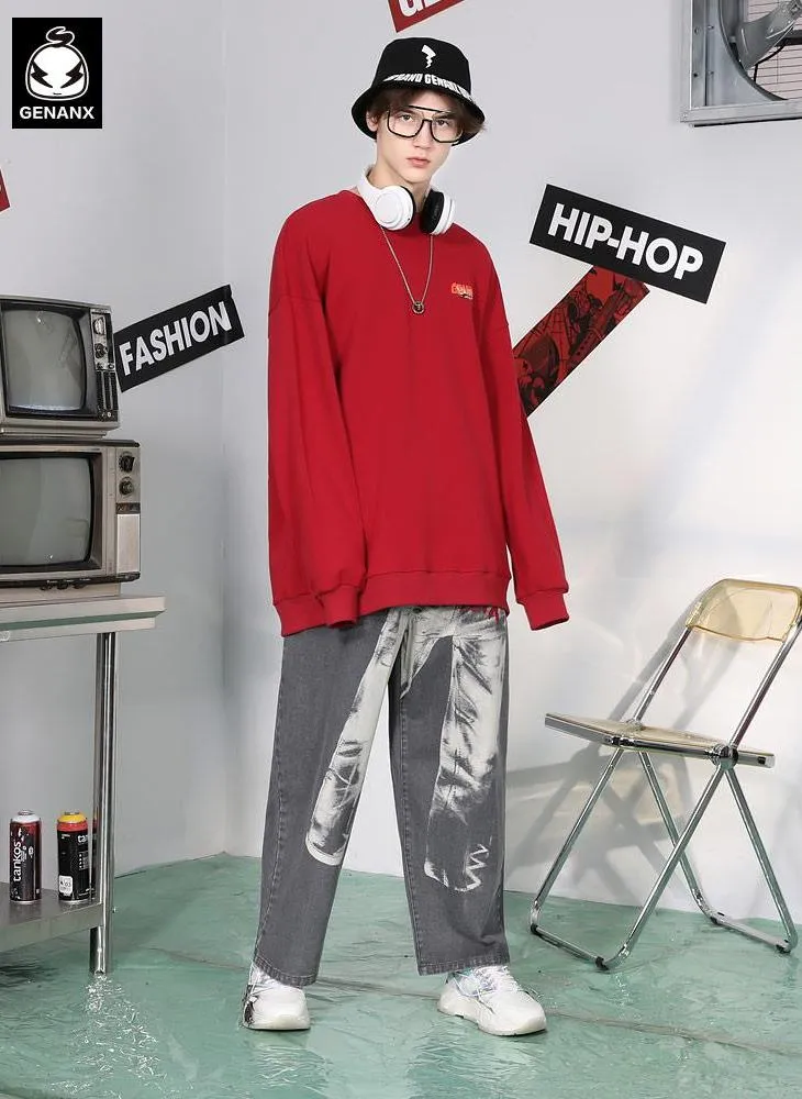 Gray Graffiti Print Loose Straight Jeans