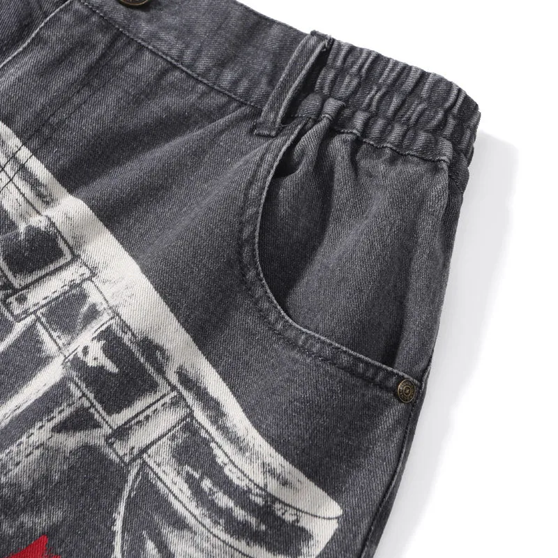 Gray Graffiti Print Loose Straight Jeans