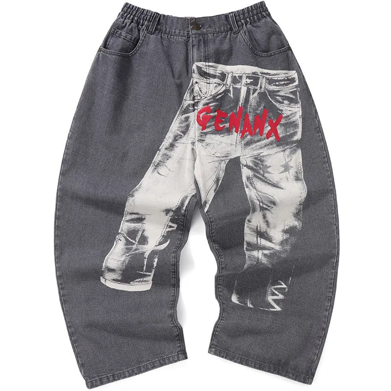 Gray Graffiti Print Loose Straight Jeans