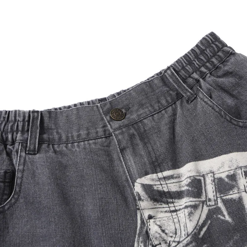 Gray Graffiti Print Loose Straight Jeans