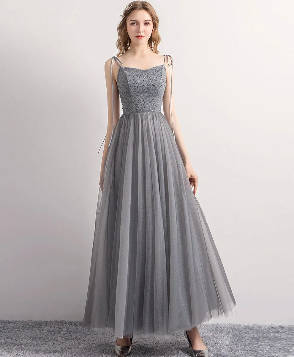 Gray Tulle Sequin Tea Length Prom Dress Gray Tulle Formal Dress