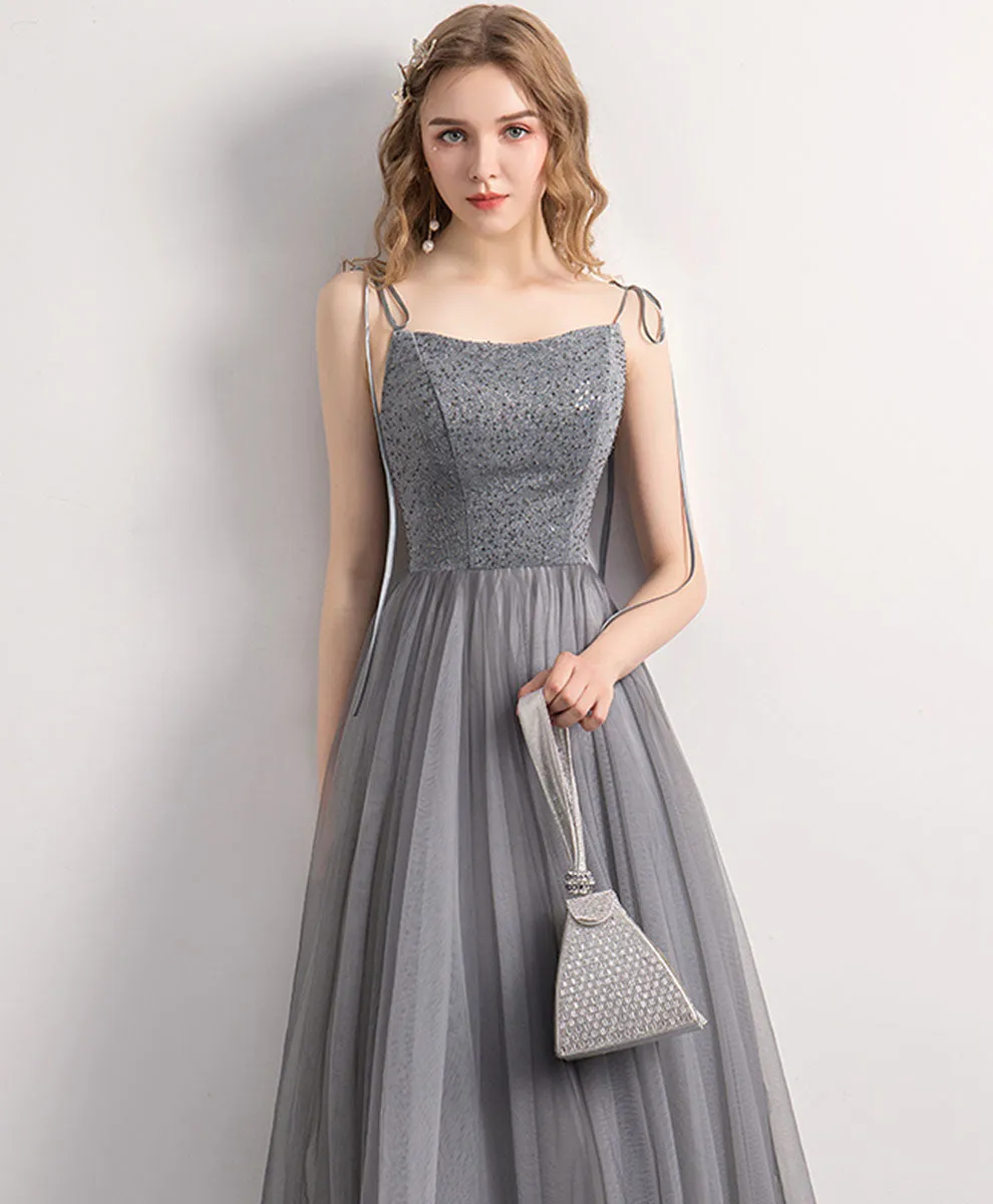 Gray Tulle Sequin Tea Length Prom Dress Gray Tulle Formal Dress