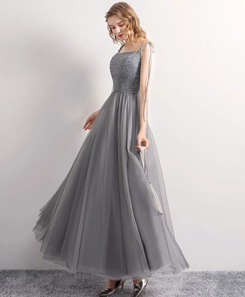 Gray Tulle Sequin Tea Length Prom Dress Gray Tulle Formal Dress