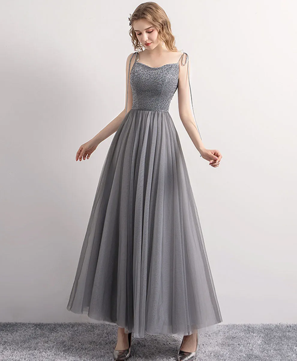 Gray Tulle Sequin Tea Length Prom Dress Gray Tulle Formal Dress