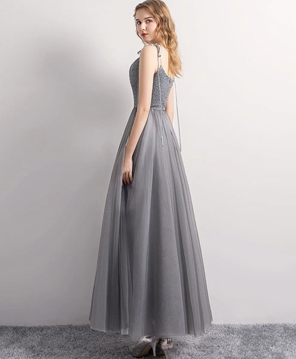 Gray Tulle Sequin Tea Length Prom Dress Gray Tulle Formal Dress