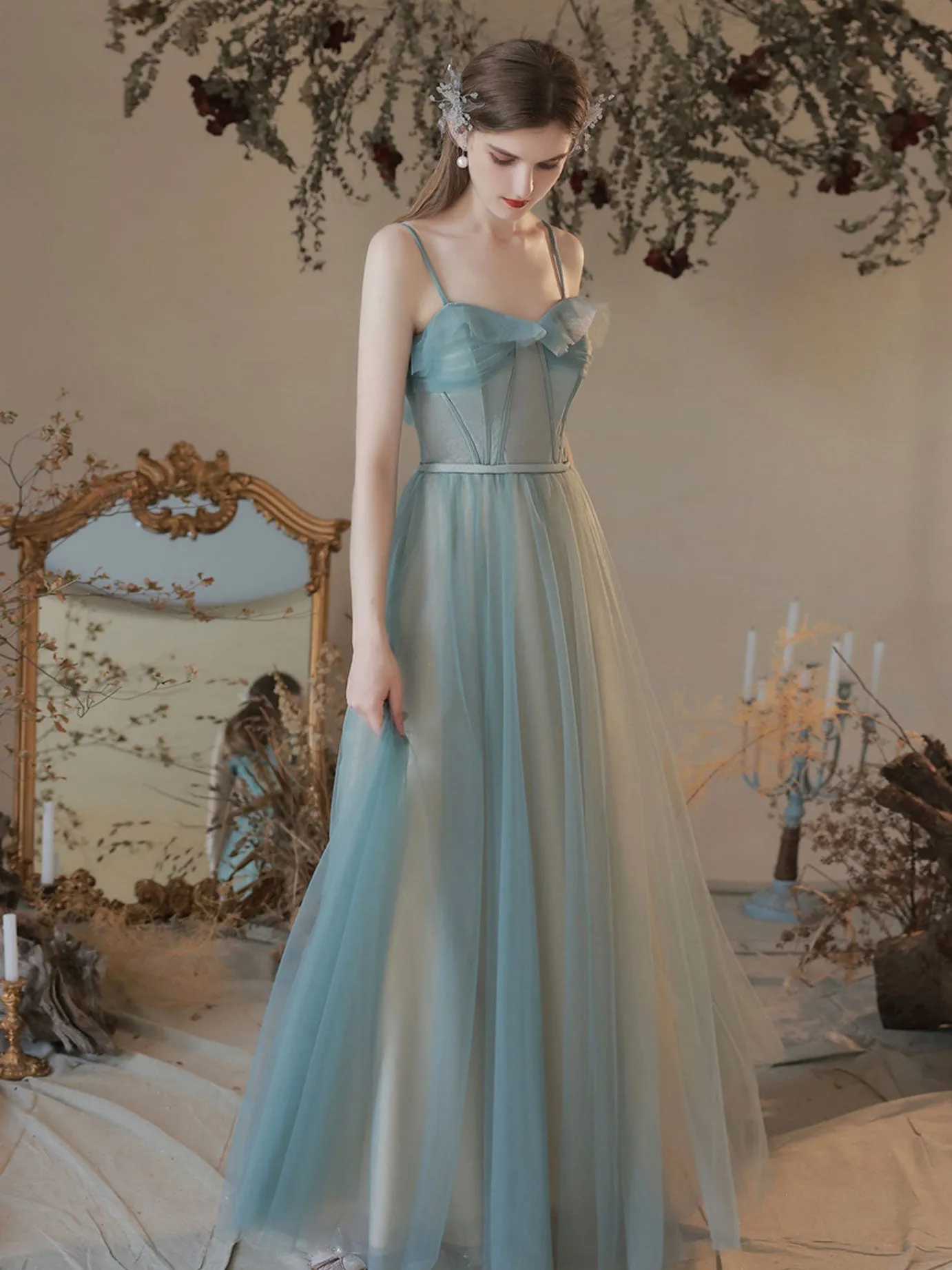Green A line Sweetheart Neck Long Prom Dress Green Formal Party Dress