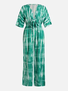 Green Print Bow Tie Jumpsuit