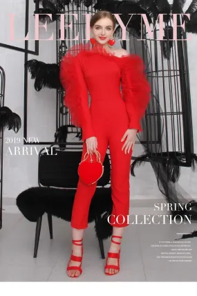 Hot red autumn and winter ruffled one shoulder banquet party cocktail red statement jumpsuit - Myva