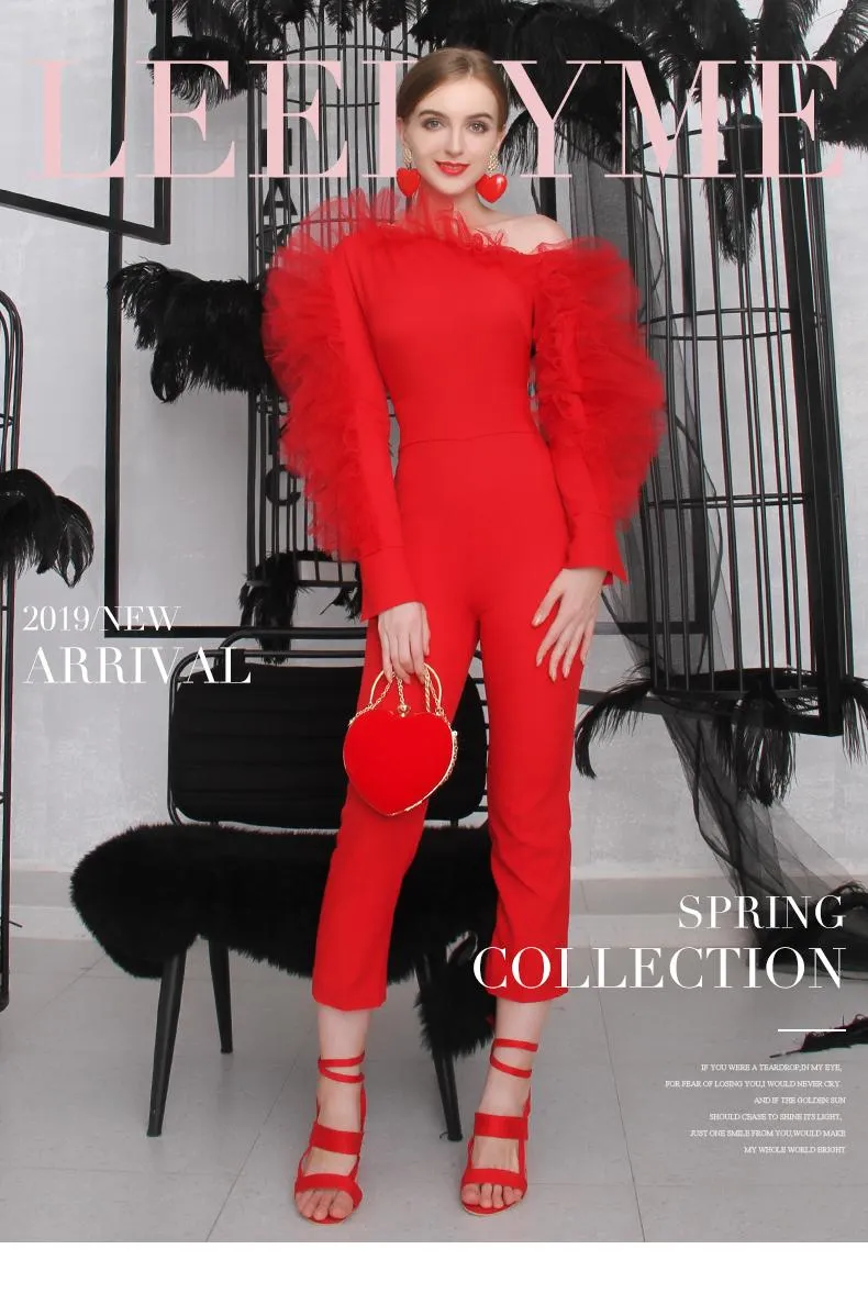 Hot red autumn and winter ruffled one shoulder banquet party cocktail red statement jumpsuit - Myva