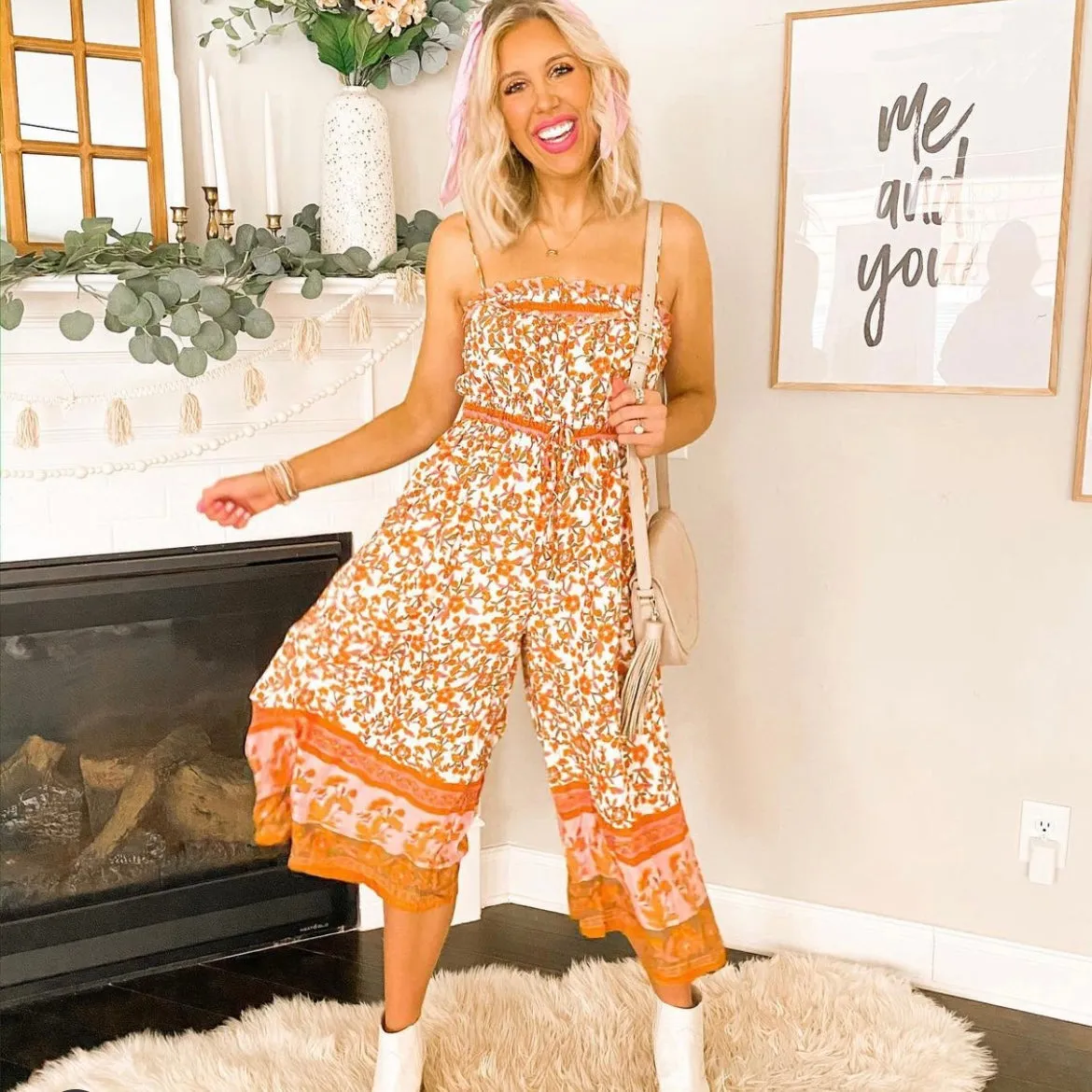 Indikah Orange and Pink Floral Wide Leg Cropped Jumpsuit- Size L