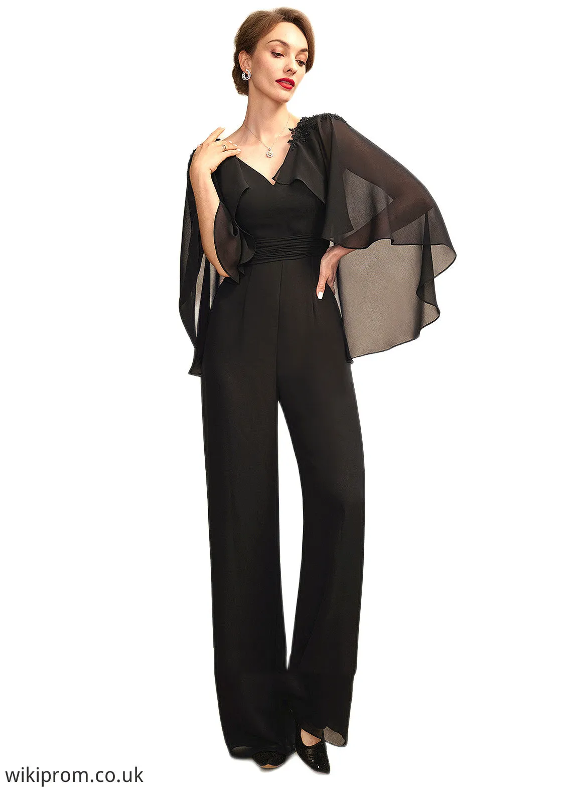 Isabelle Jumpsuit/Pantsuit V-neck Floor-Length Chiffon Mother of the Bride Dress With Ruffle Beading Appliques Lace Sequins SWK126P0015033