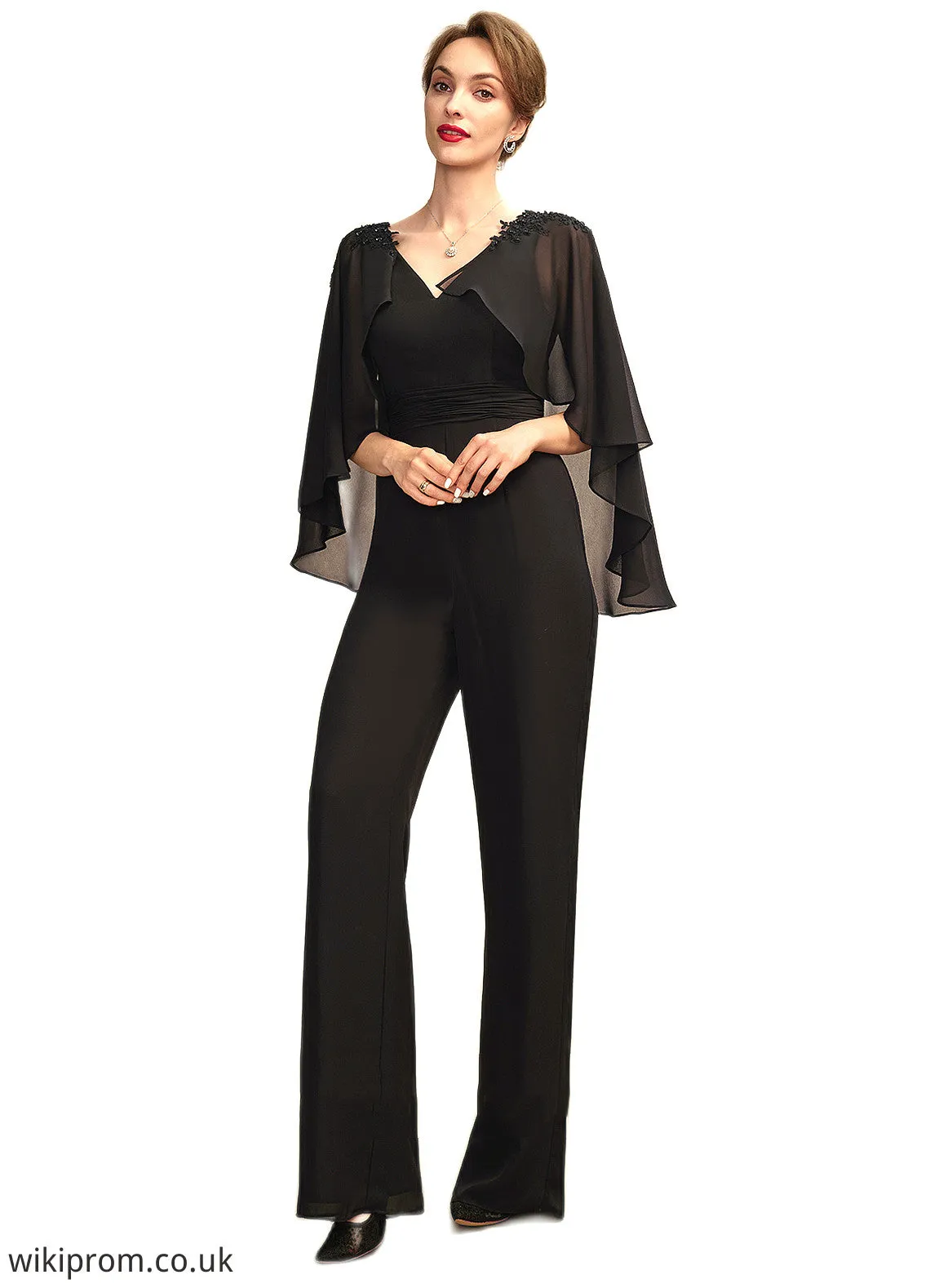 Isabelle Jumpsuit/Pantsuit V-neck Floor-Length Chiffon Mother of the Bride Dress With Ruffle Beading Appliques Lace Sequins SWK126P0015033