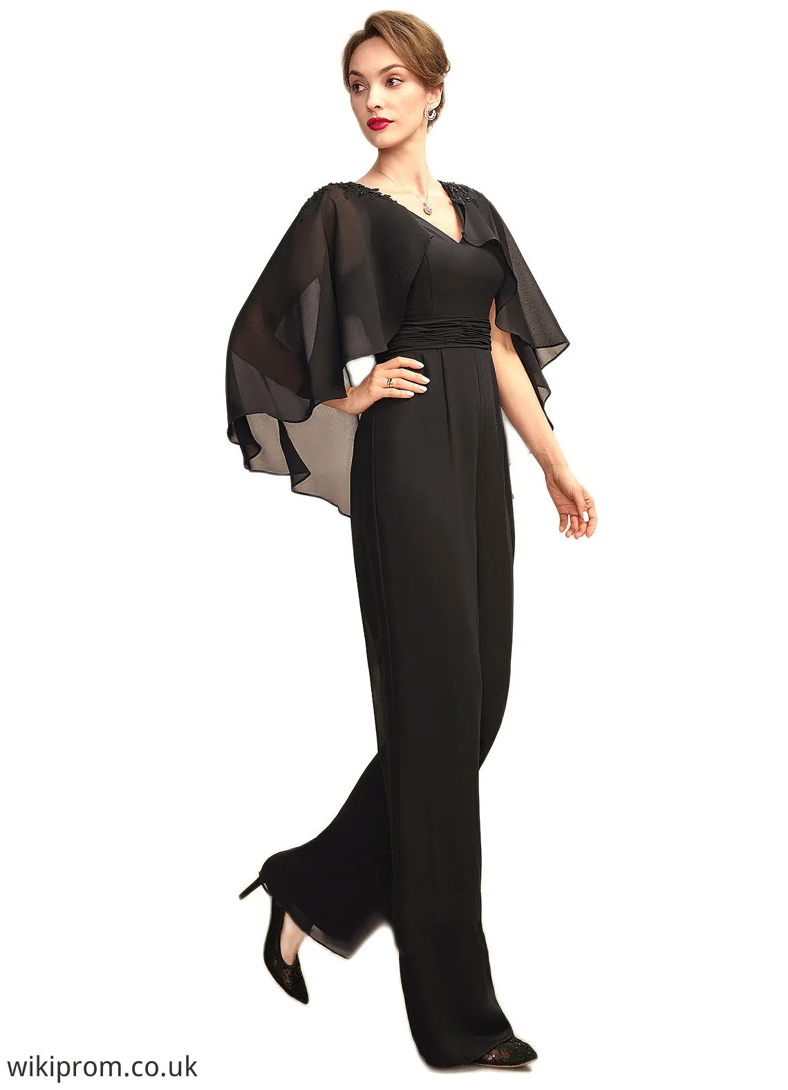Isabelle Jumpsuit/Pantsuit V-neck Floor-Length Chiffon Mother of the Bride Dress With Ruffle Beading Appliques Lace Sequins SWK126P0015033