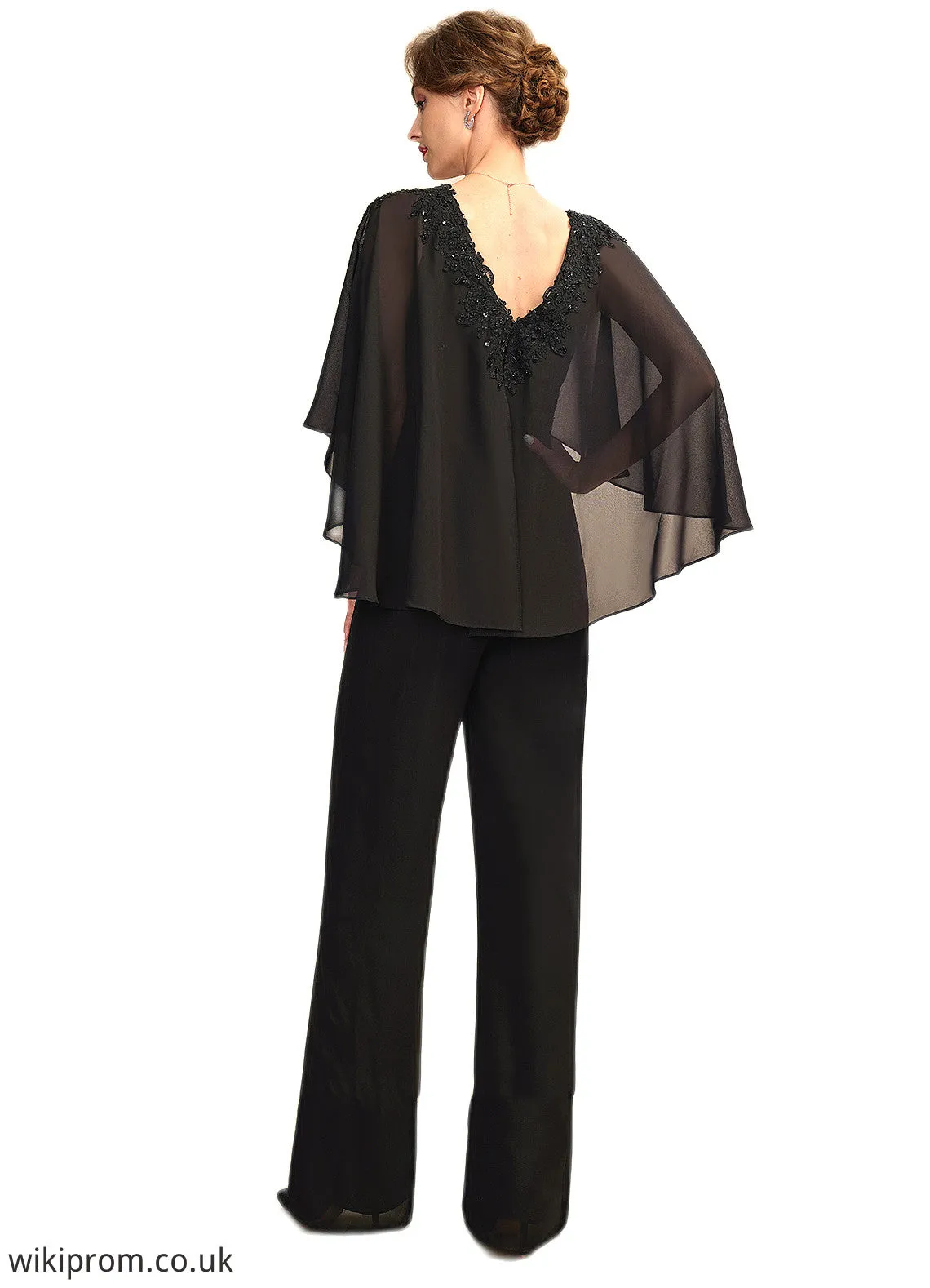 Isabelle Jumpsuit/Pantsuit V-neck Floor-Length Chiffon Mother of the Bride Dress With Ruffle Beading Appliques Lace Sequins SWK126P0015033