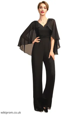 Isabelle Jumpsuit/Pantsuit V-neck Floor-Length Chiffon Mother of the Bride Dress With Ruffle Beading Appliques Lace Sequins SWK126P0015033