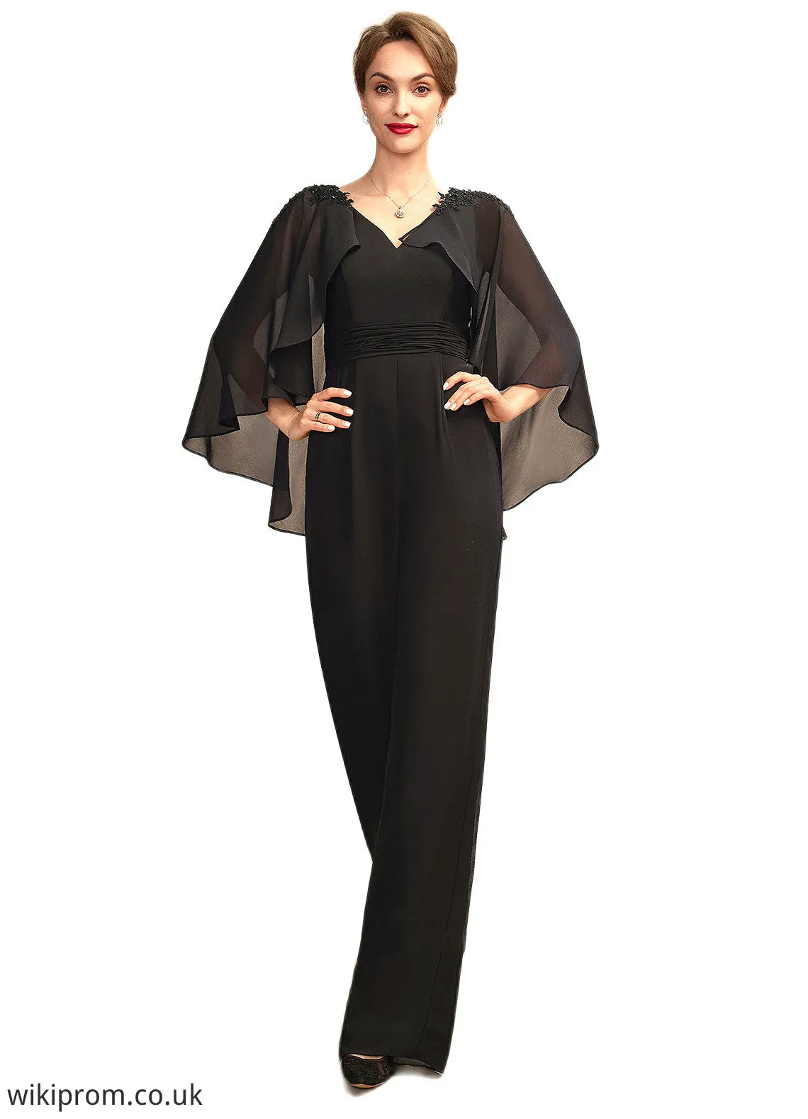 Isabelle Jumpsuit/Pantsuit V-neck Floor-Length Chiffon Mother of the Bride Dress With Ruffle Beading Appliques Lace Sequins SWK126P0015033