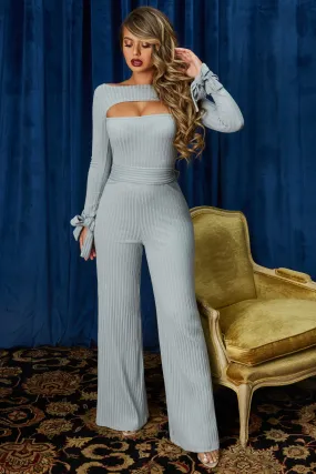 It's A Knit Petite Ribbed Keyhole Wide Leg Jumpsuit in Grey