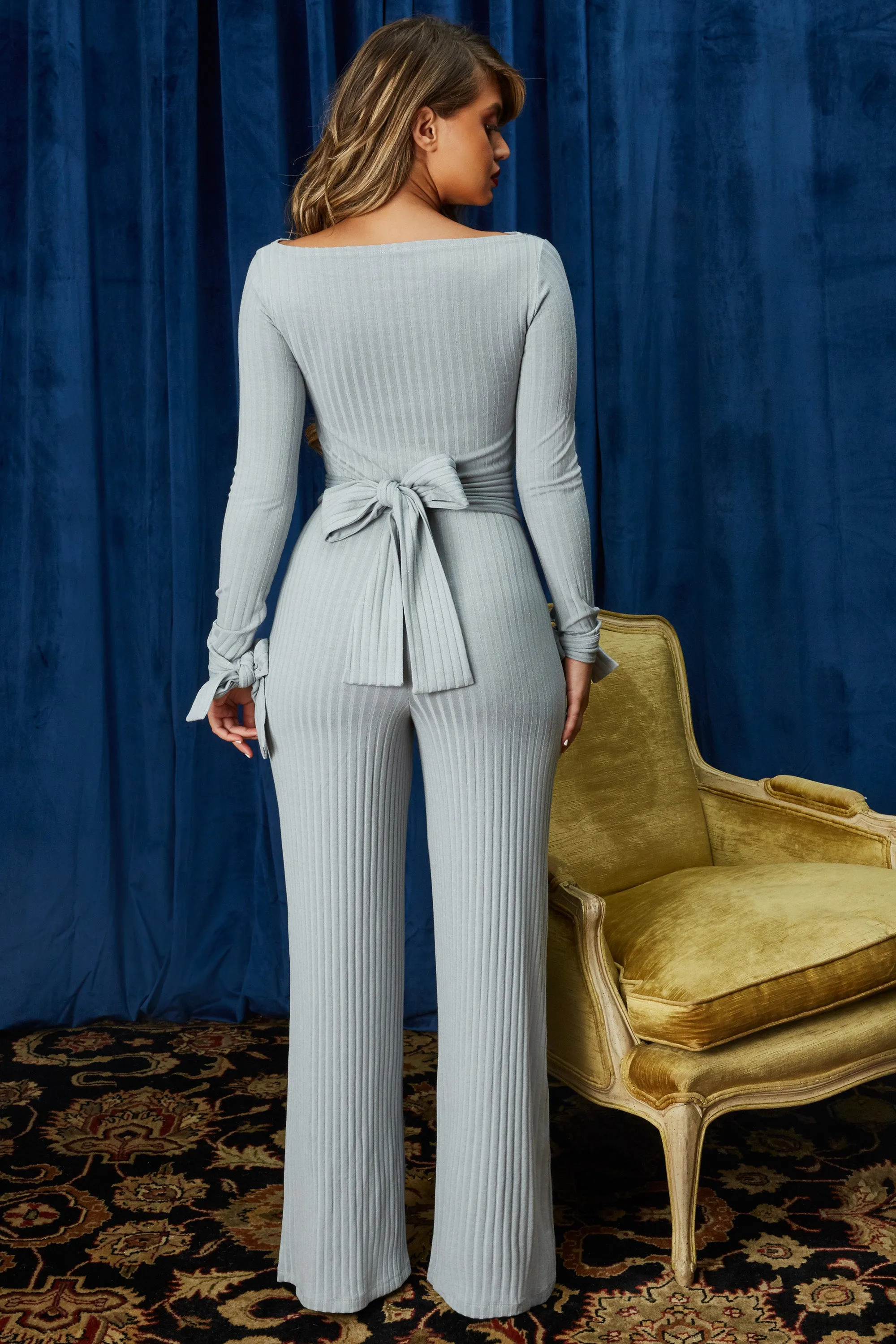 It's A Knit Petite Ribbed Keyhole Wide Leg Jumpsuit in Grey