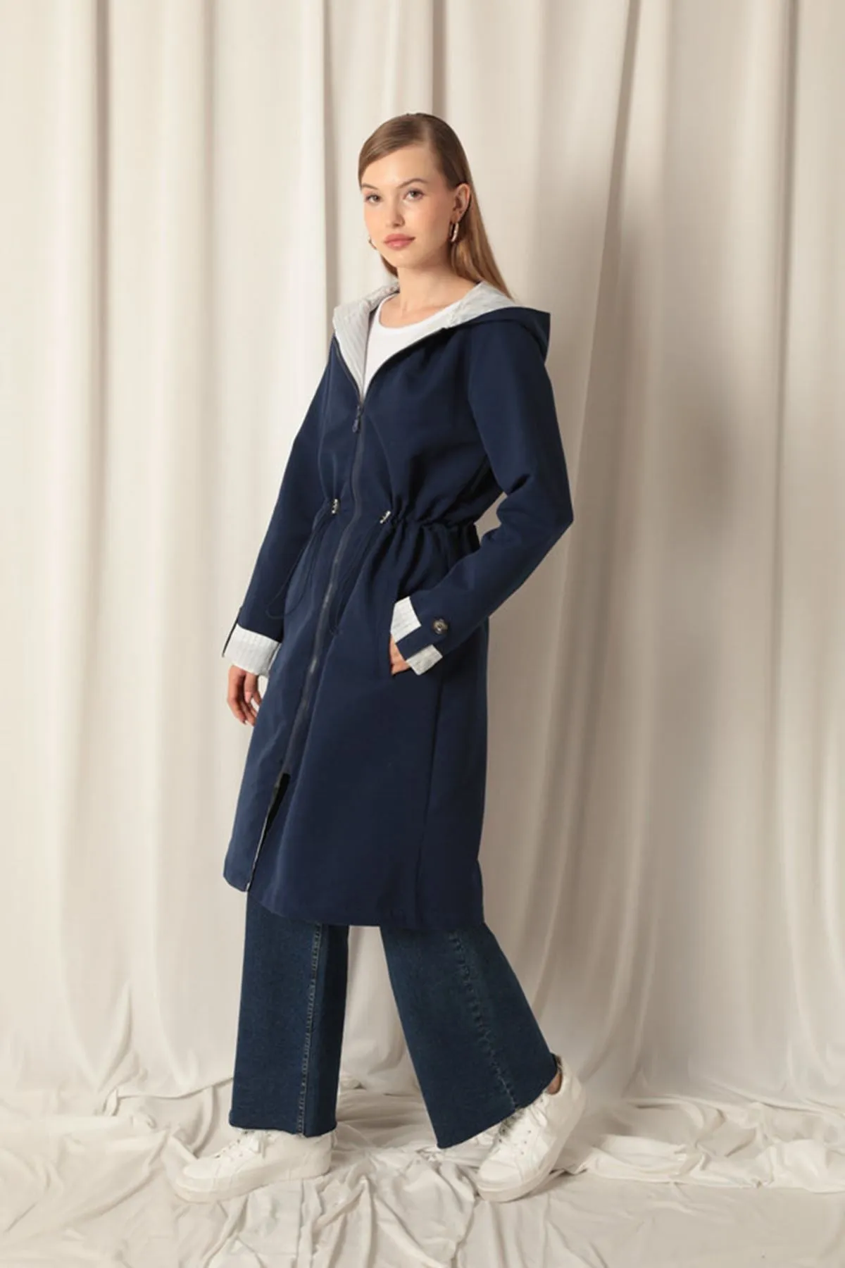 KKT Torino Fabric Striped Hooded Women's Navy Blue Raincoat - Caltagirone
