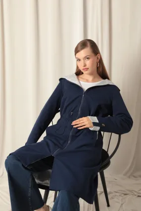 KKT Torino Fabric Striped Hooded Women's Navy Blue Raincoat - Caltagirone