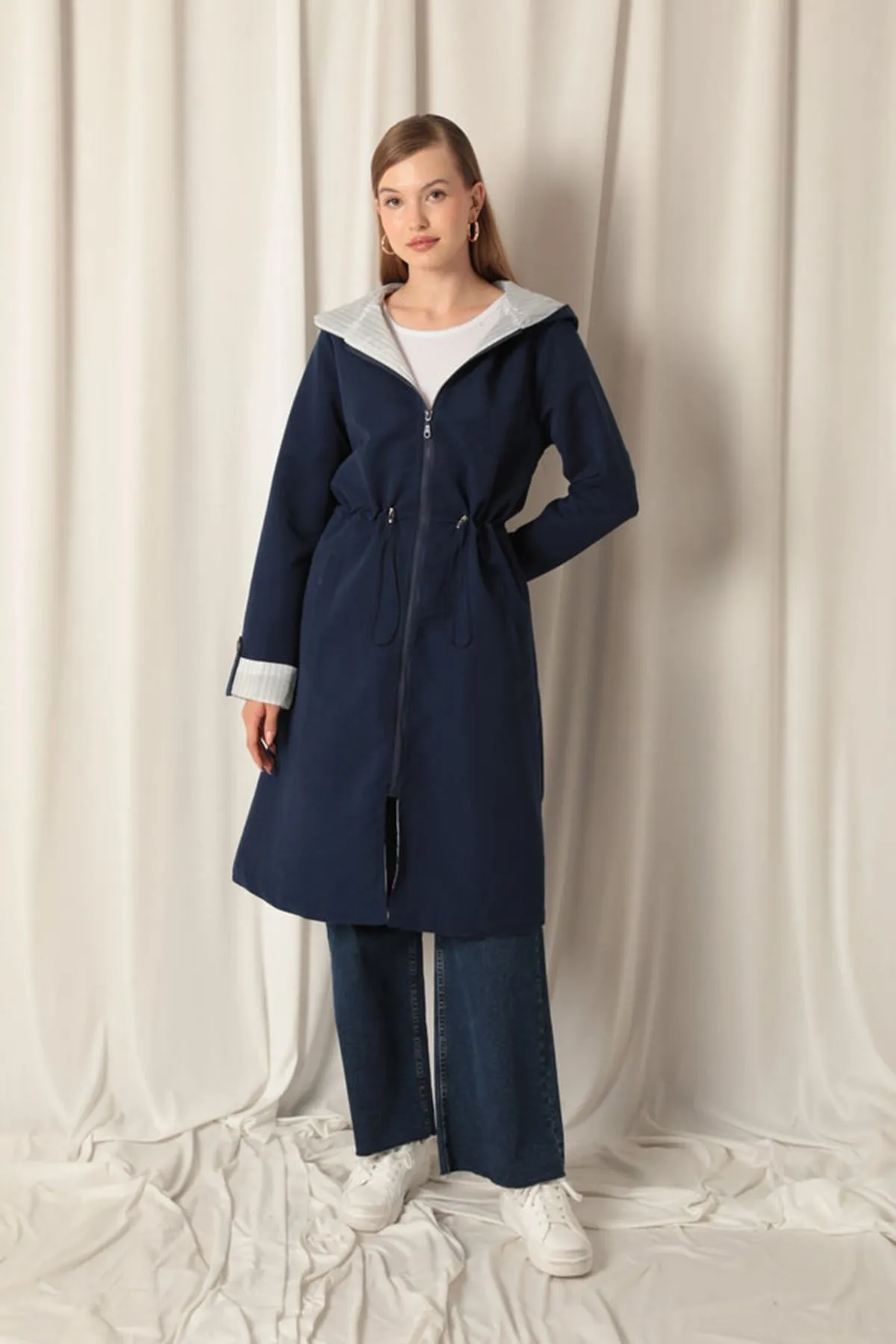 KKT Torino Fabric Striped Hooded Women's Navy Blue Raincoat - Caltagirone