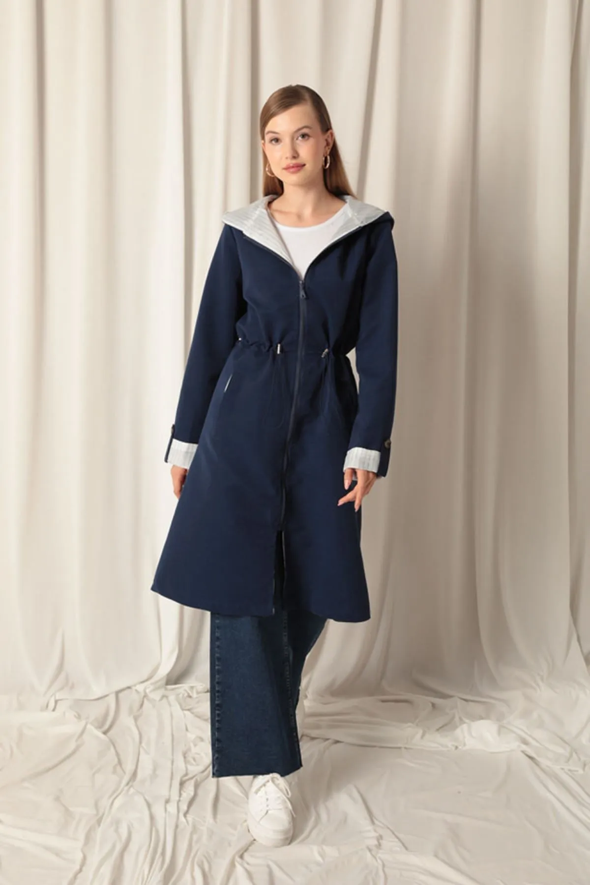 KKT Torino Fabric Striped Hooded Women's Navy Blue Raincoat - Caltagirone