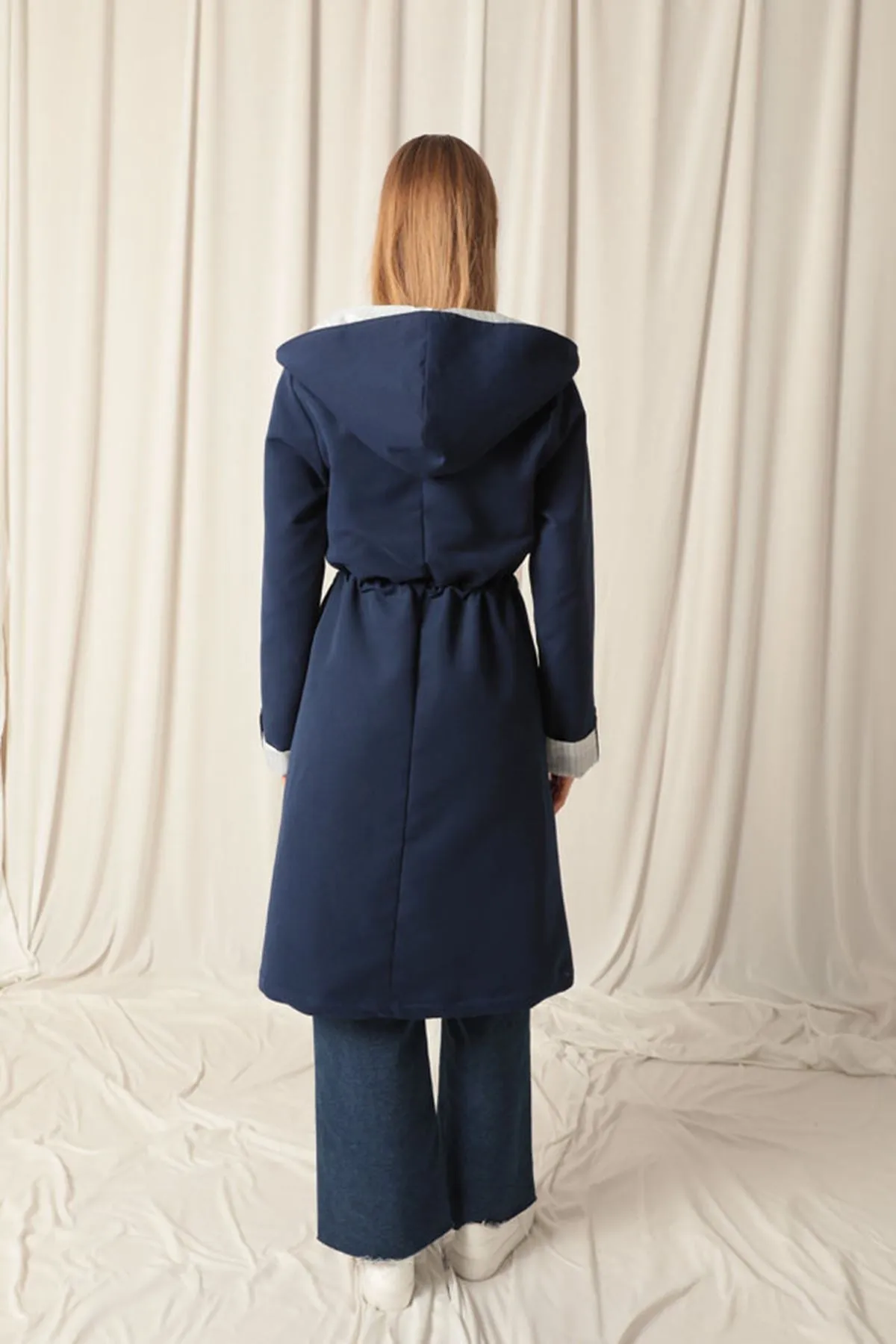 KKT Torino Fabric Striped Hooded Women's Navy Blue Raincoat - Caltagirone