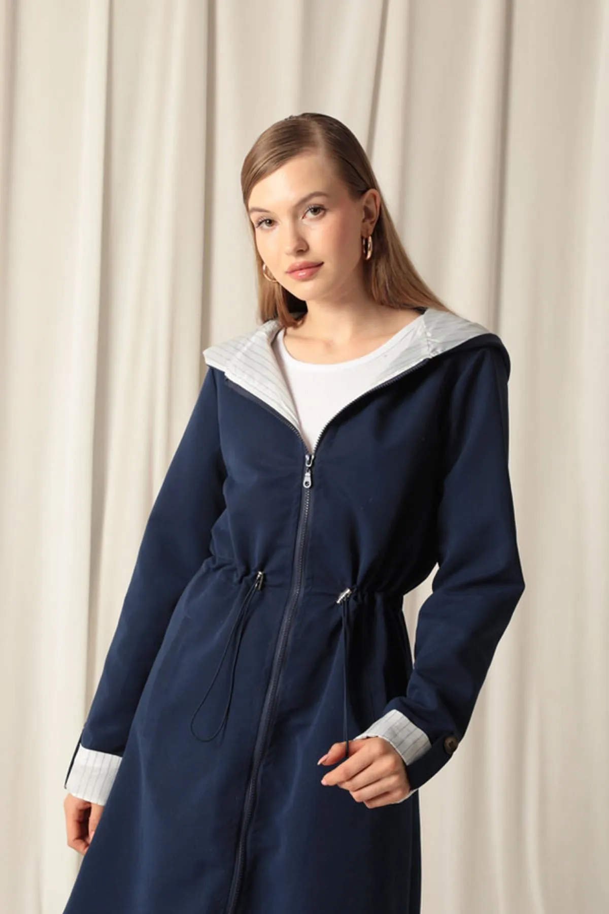 KKT Torino Fabric Striped Hooded Women's Navy Blue Raincoat - Caltagirone