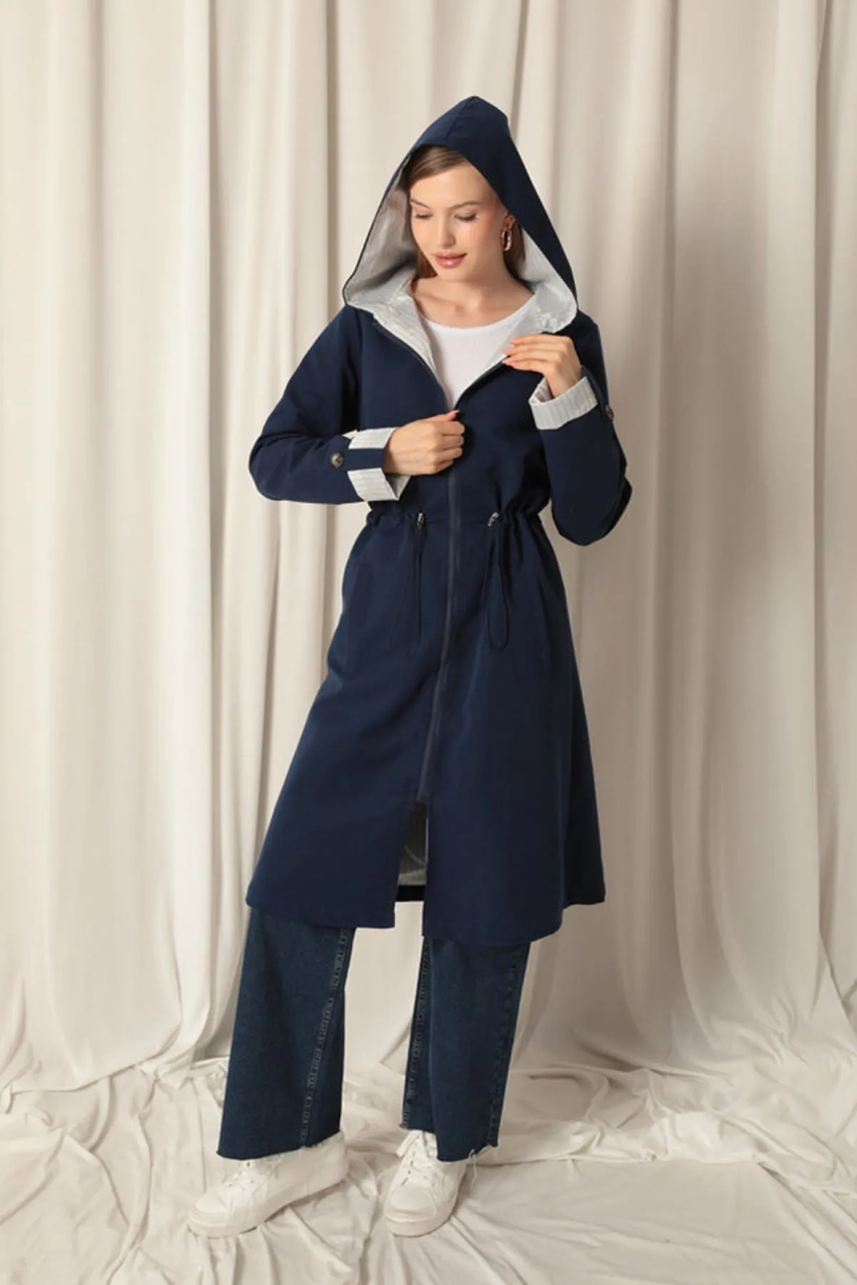 KKT Torino Fabric Striped Hooded Women's Navy Blue Raincoat - Caltagirone