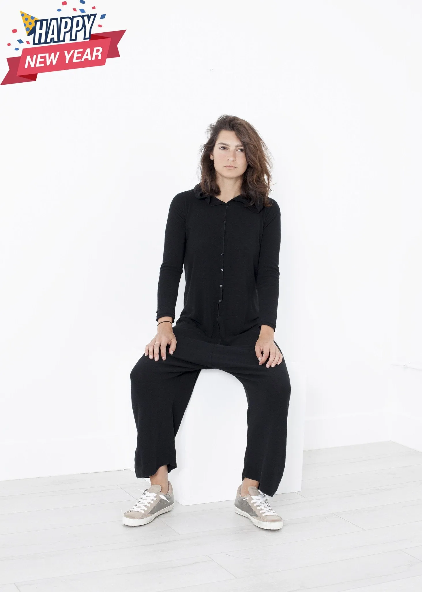 Knit Hooded Jumpsuit in Black