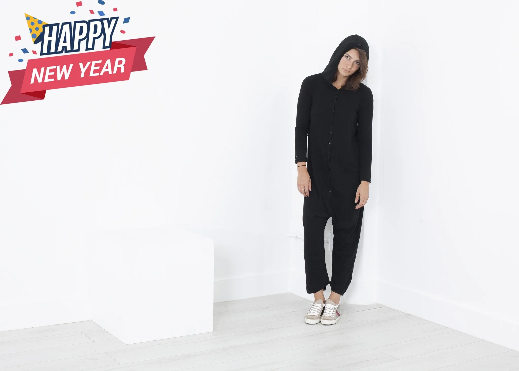 Knit Hooded Jumpsuit in Black