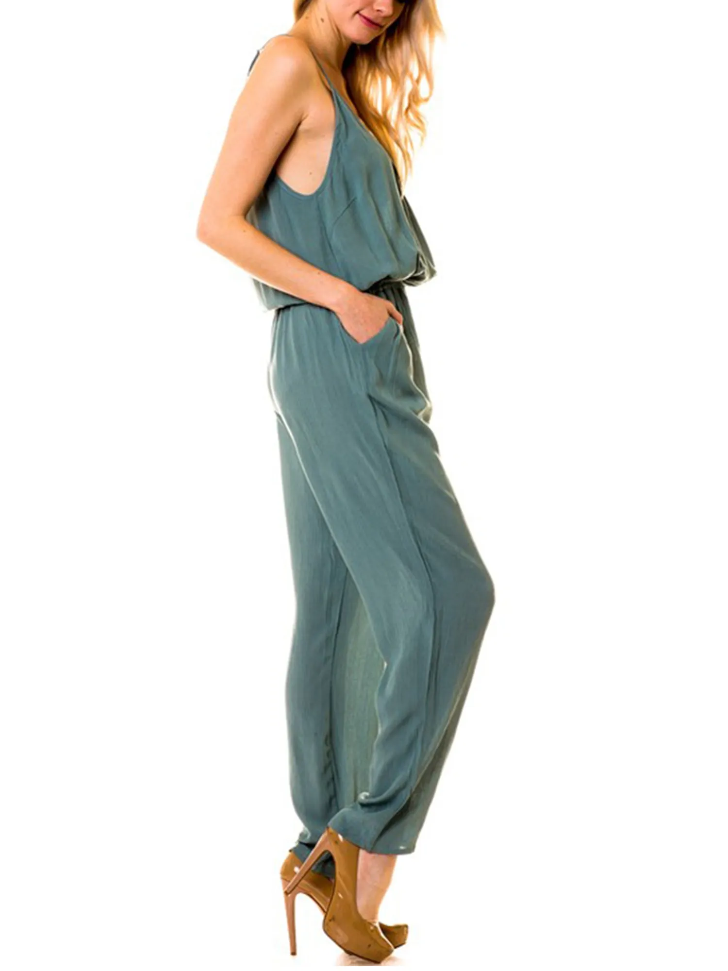KOGMO Womens Casual Adjustable Spaghetti Strap Front Wrapped Jumpsuit Overalls