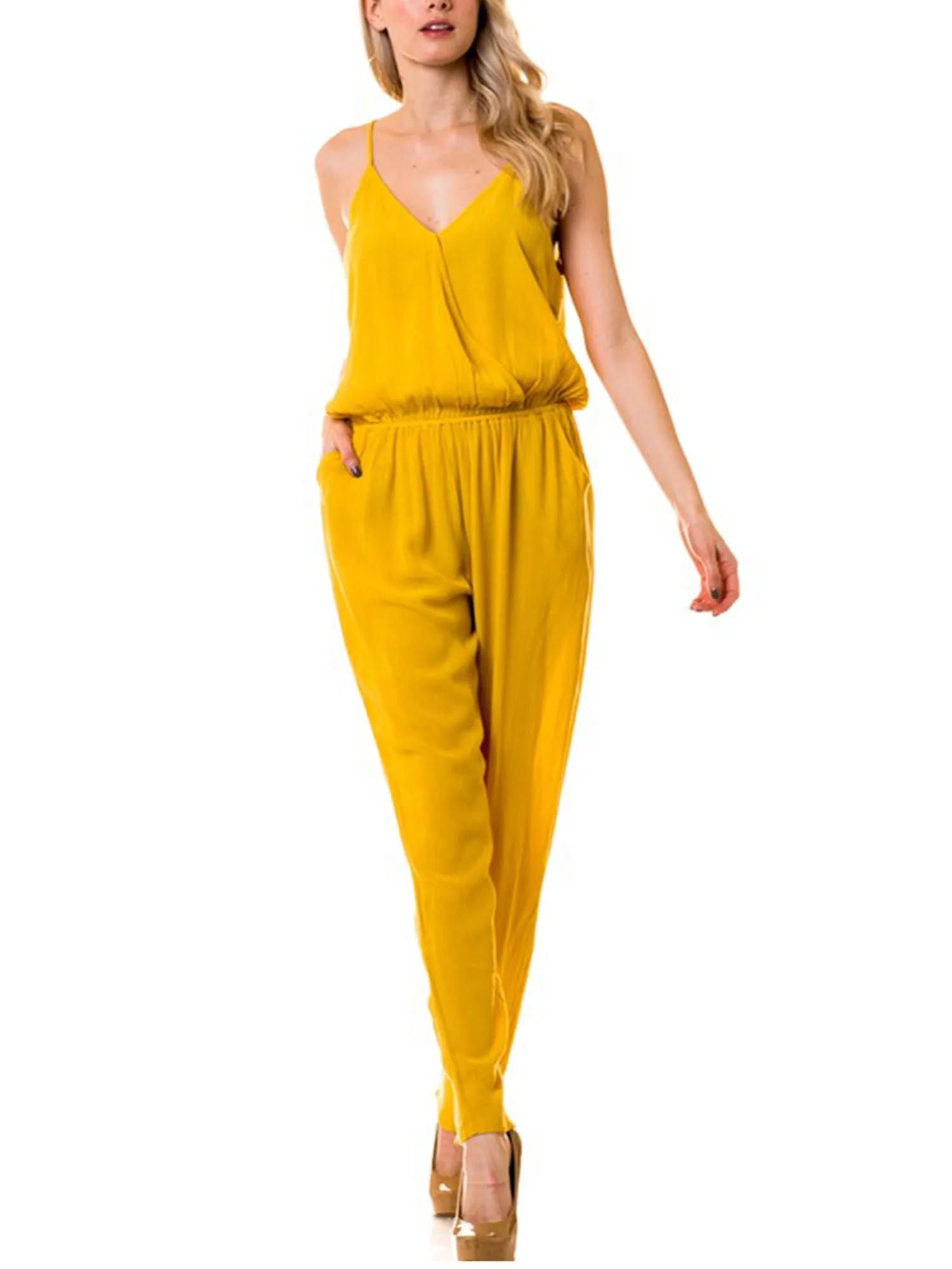 KOGMO Womens Casual Adjustable Spaghetti Strap Front Wrapped Jumpsuit Overalls
