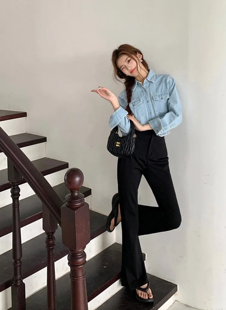 [Korean Style] Black High Waist Casual Slim Fit Flare Pants